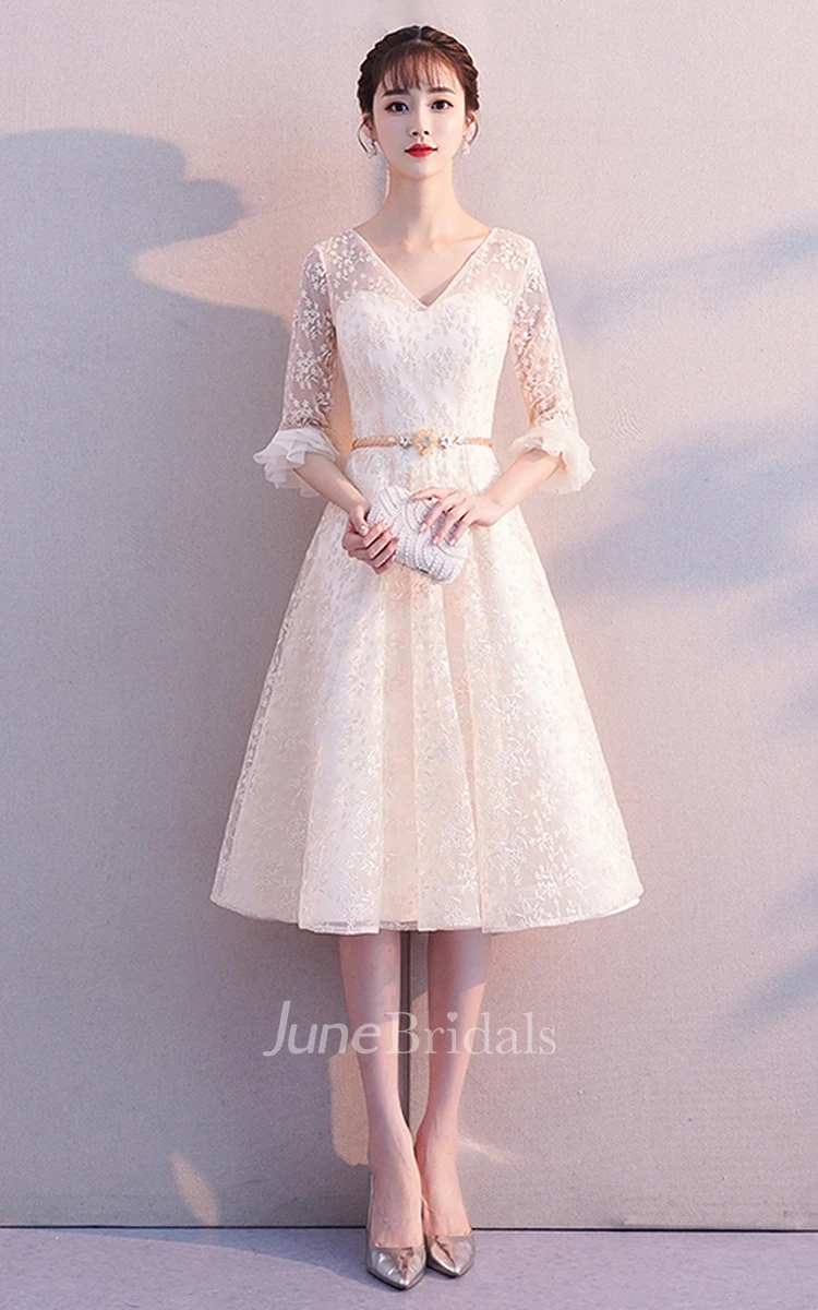 Simple Modest Lace V-neck A Line Guest Formal Dress With Beading