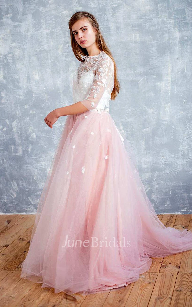 Jewel-Neck Half Sleeve Appliqued Tulle A-Line Wedding Dress With Beaded Waist