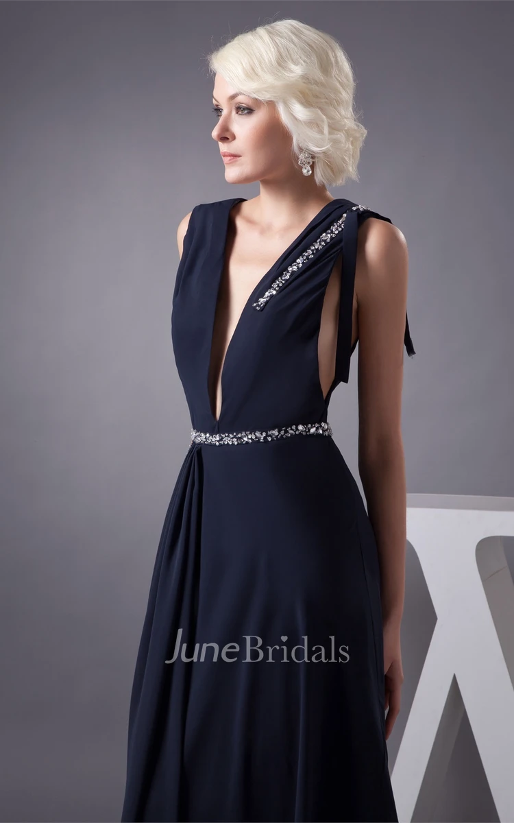 Plunged Caped-Sleeve Chiffon Maxi Dress with Gemmed Waist