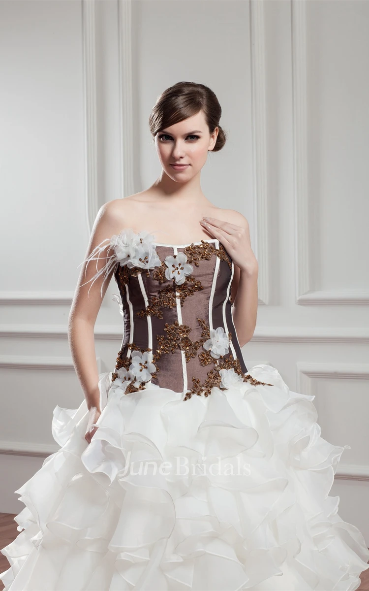 Strapless Appliqued Ball Gown with Flower and Cascading Ruffles