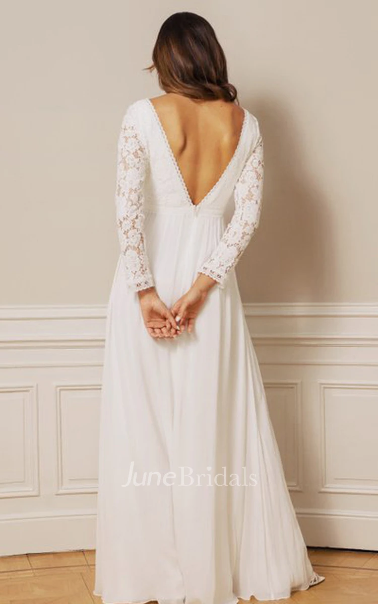 Ethereal Chiffon Lace Bateau A Line Floor-length Deep-V Back Wedding Dress