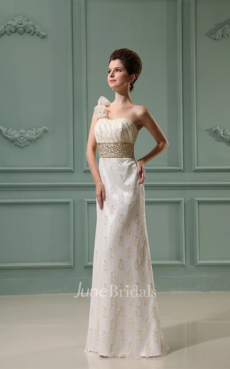One-Strap Strapless Ruched Sheath Dress with Appliques and Jeweled Waist