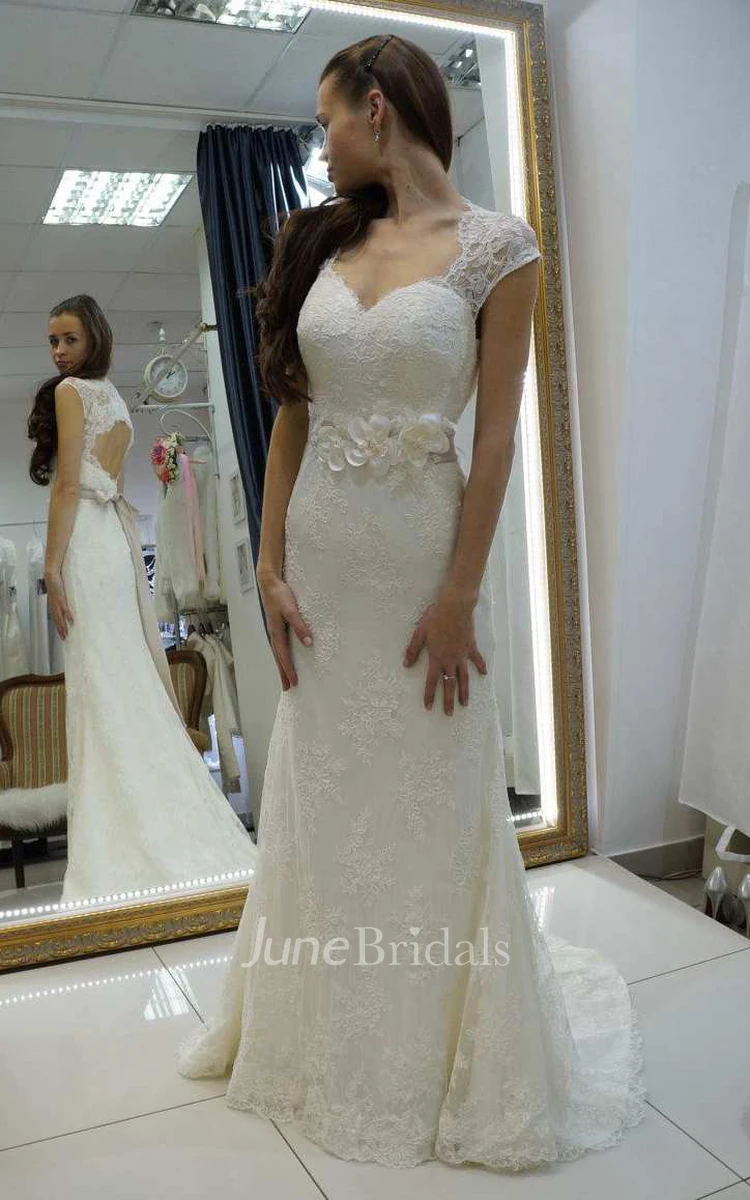 Queen Anne Lace Appliqued Sheath Wedding Dress With Floral Waist