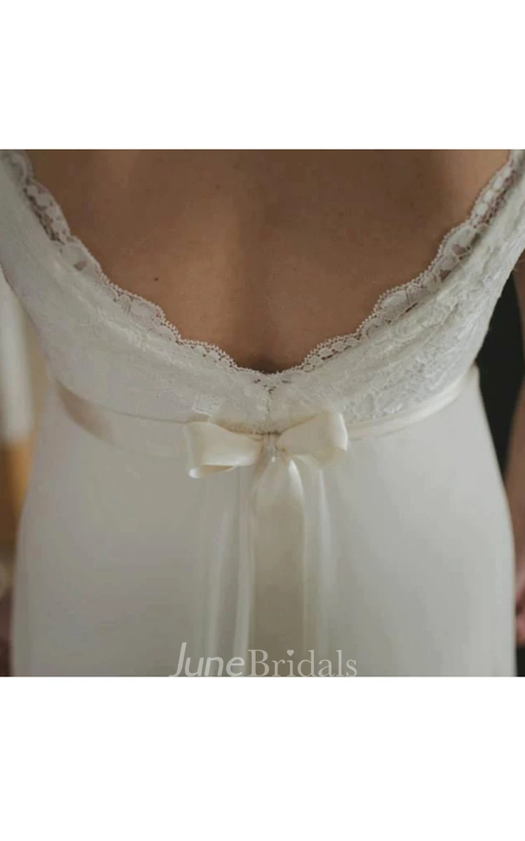Sleeveless Plunged Chiffon Floor-Length Wedding Dress With Ribbon