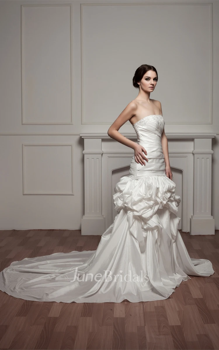 Strapless Ruched Pick-Up Gown with Pleats and Beading