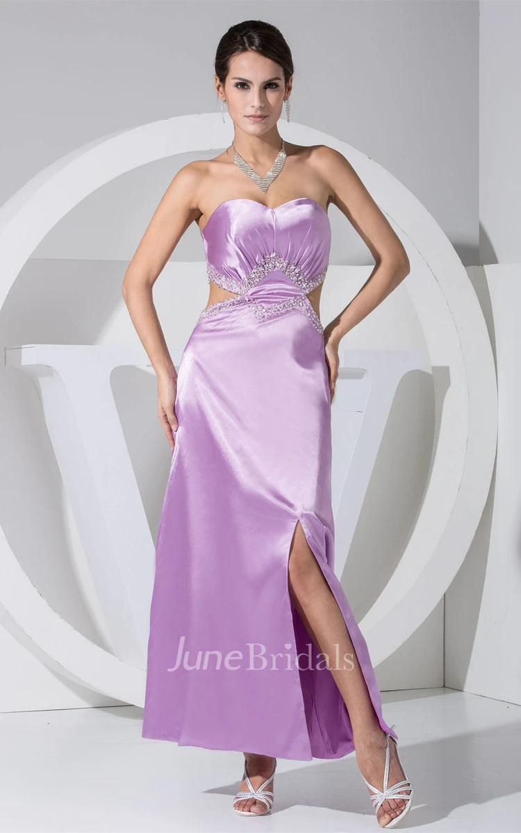 Sweetheart Ruched Ankle-Length Dress with Beading and Keyhole