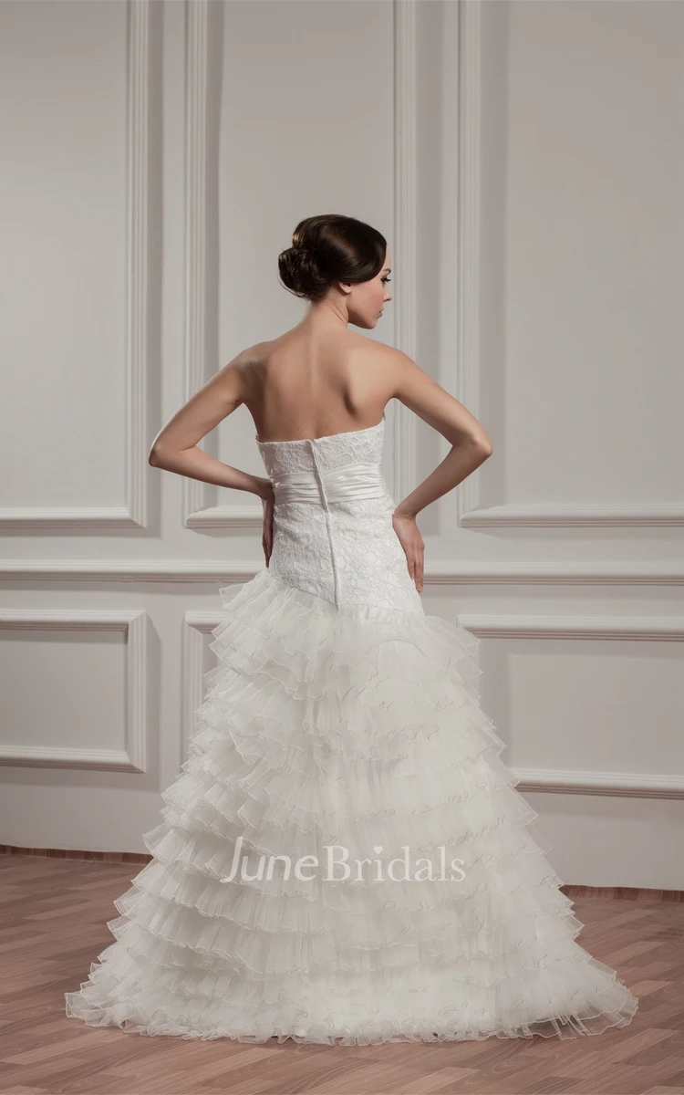 Strapless Ruffled A-Line Gown with Bow and Tiers