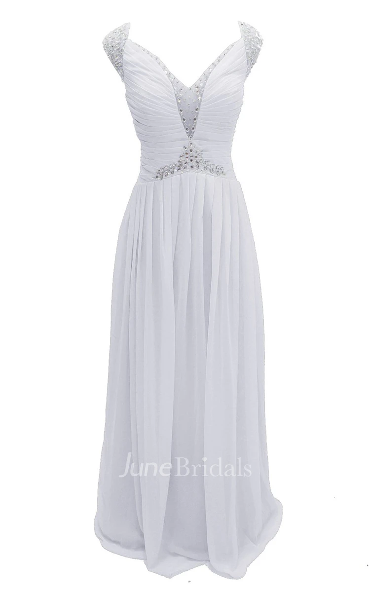 Cap-sleeve V-neck Chiffon A-line Gown With Crystal Detail