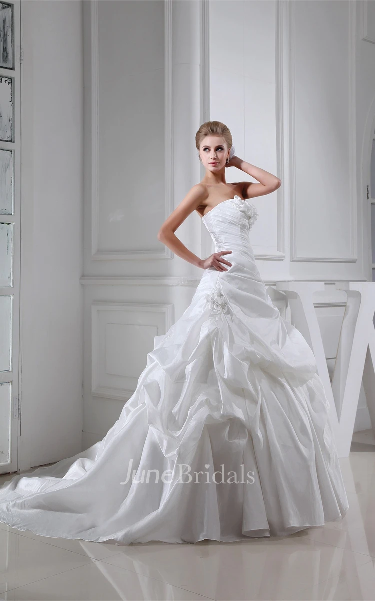 Strapless Pick-Up Ball Gown with Ruching and Floral Embellishment