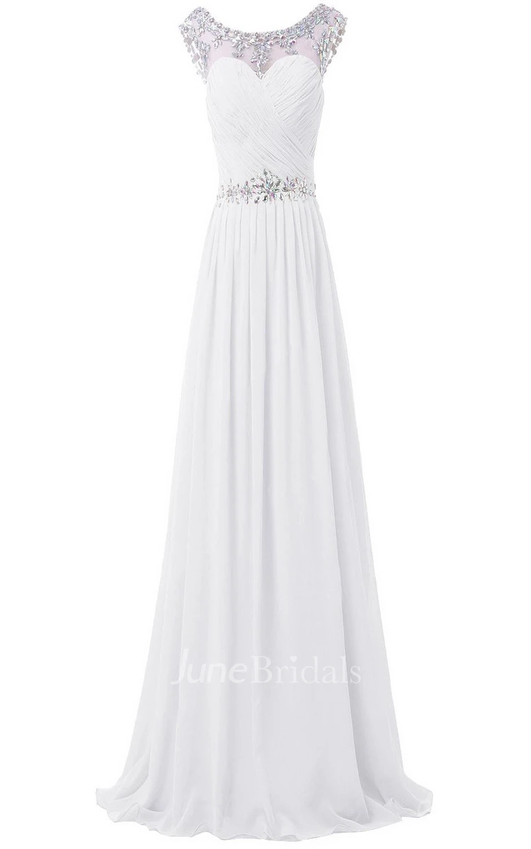 Sleeveless Crystal Stone Appliqued Long Pleated Chiffon Dress