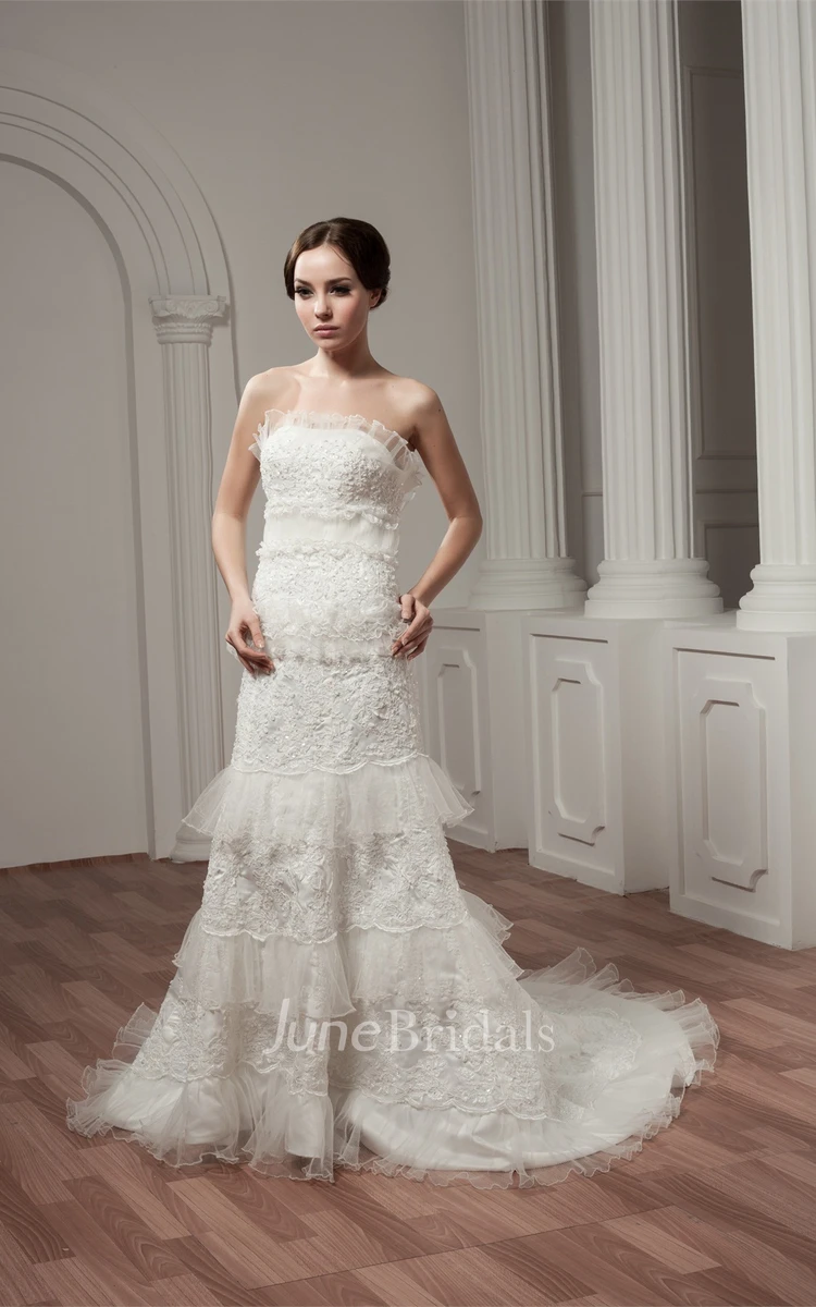 Strapless A-Line Ruffled Gown with Appliques and Peplum