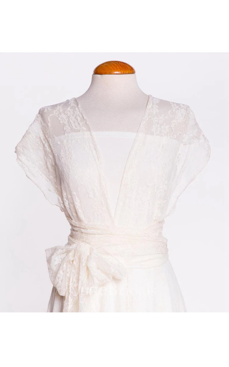 Convertible A-Line Pleated Lace Cap Dress With Bow