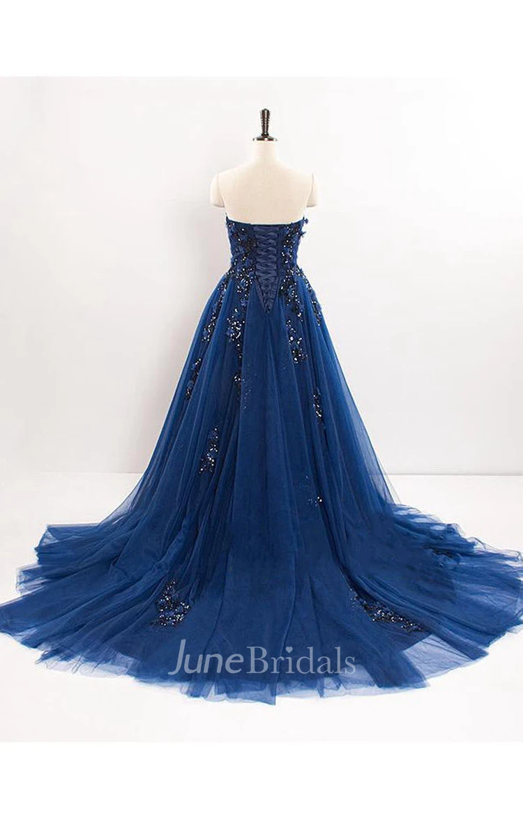 A-line Sweetheart Long Tulle Dress with Appliques and Sequins