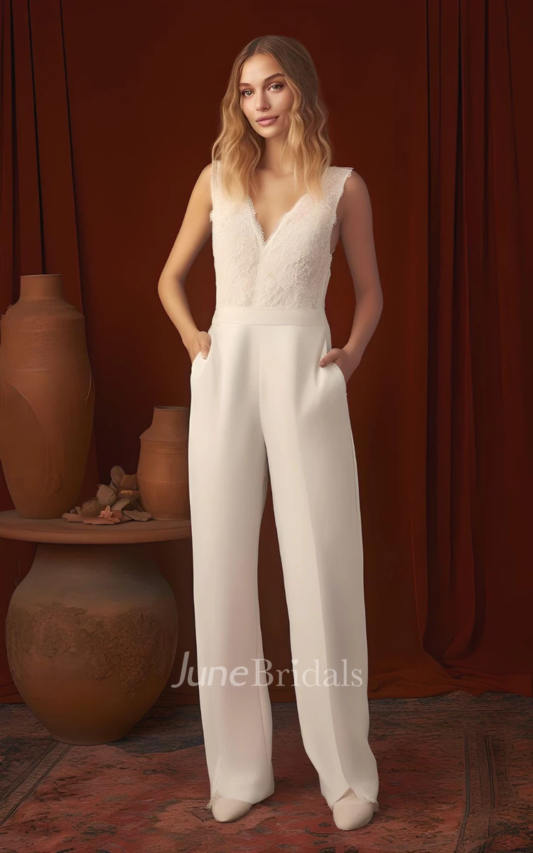 2024 Chiffon Lace Sleeveless Wedding Jumpsuit V-neck with Pockets Beach Country Garden Court Simple Casual Modern