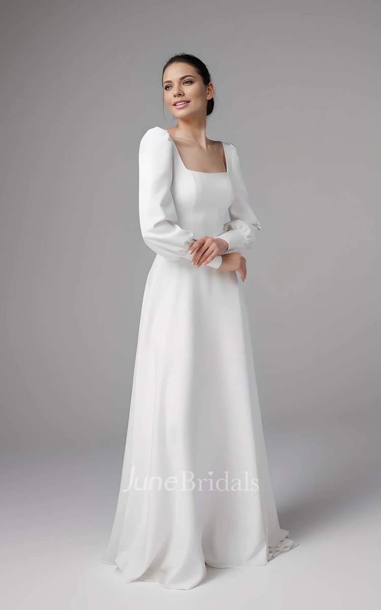 Simple Modest A-Line Long Sleeve Wedding Dress Minimalist Casual Square Neck Backless Sweep Train Maxi Bridal Gown