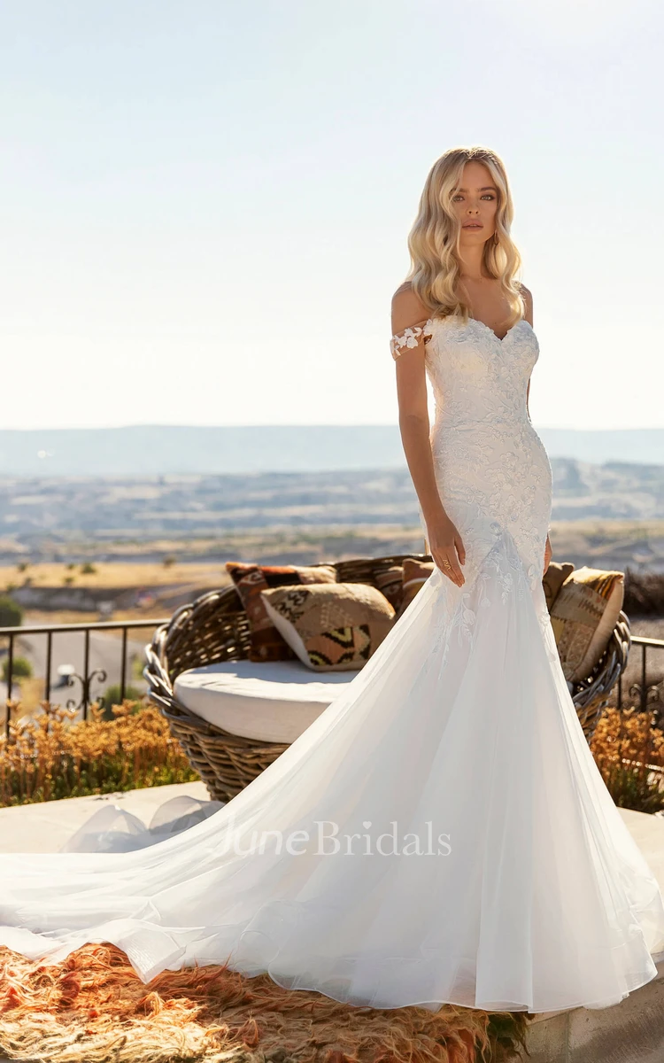 Corset Back With Chapel Train Off-the-shoulder Sexy Mermaid Lace Tulle Wedding  Dress - June Bridals