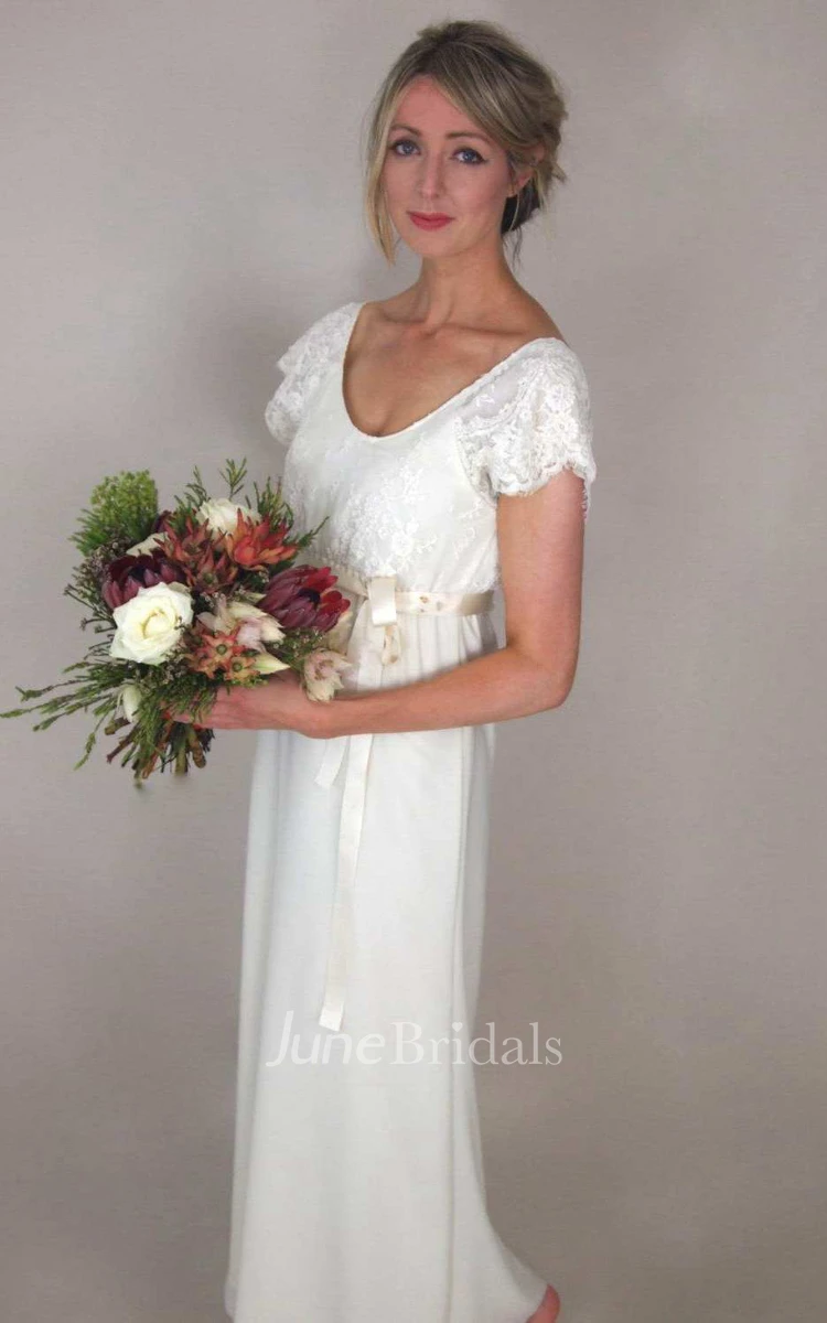V-Neck Short Sleeve Chiffon Wedding Dress With Lace And Bow