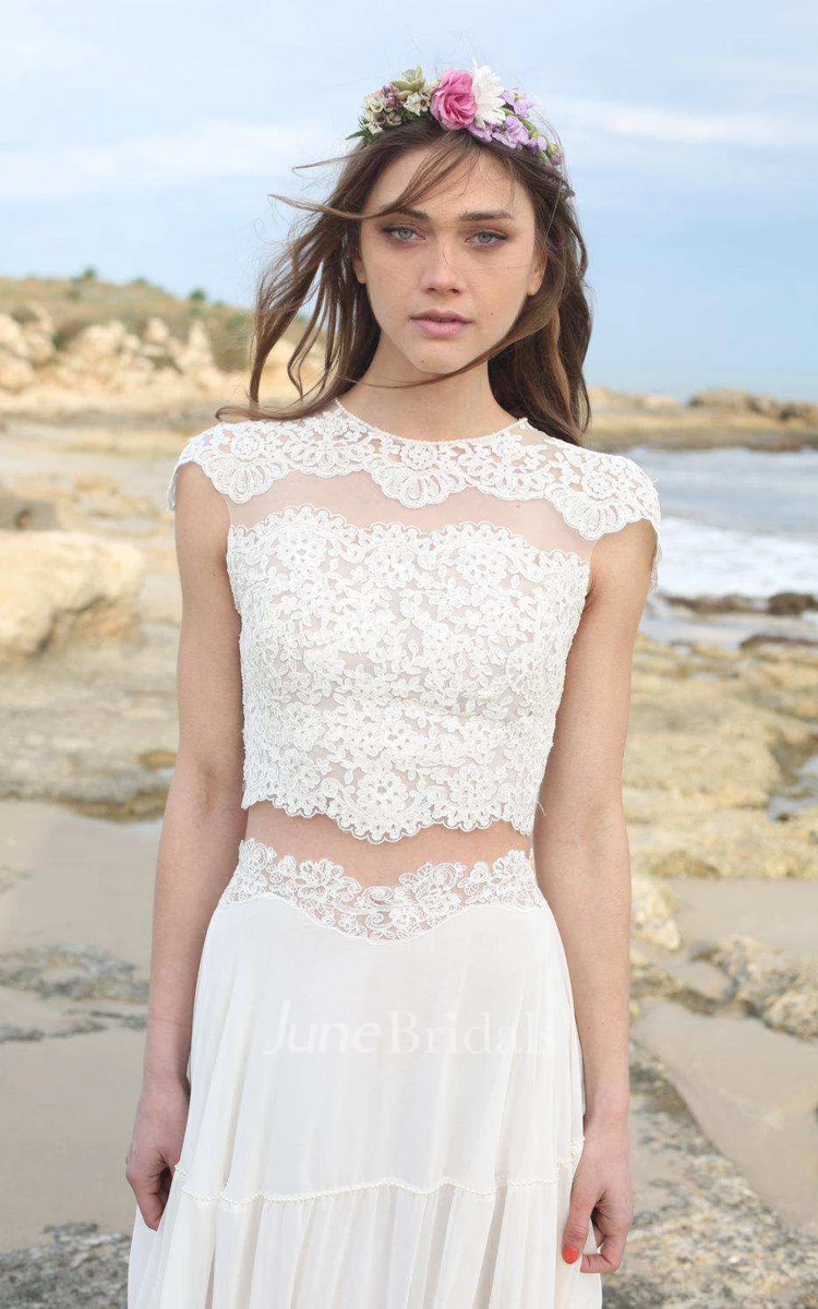 Jewel-Neck Cap-Sleeve Lace Chiffon Two-Piece Wedding Dress
