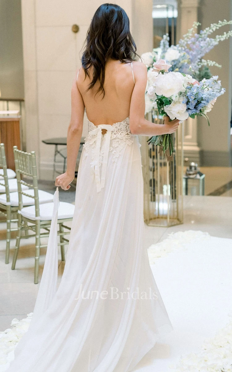Spaghetti A-Line Lace Bohemian Wedding Dress With Open Back And Split Front