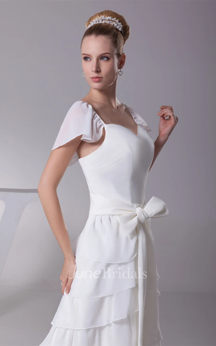 Caped-Sleeve Tiered Sheath Dress with Ribbon