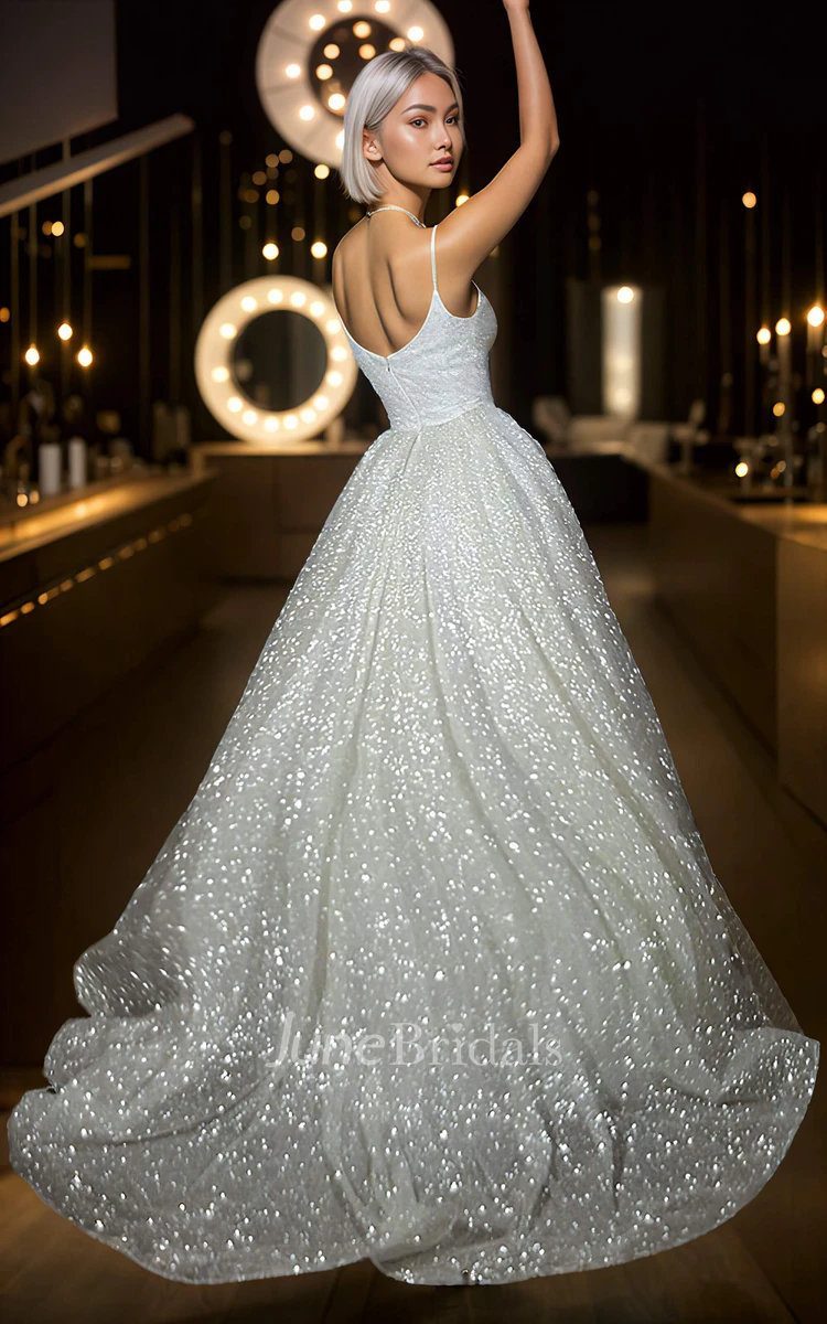 Spaghetti A-Line V-neck Sequins Sexy Elegant Ethereal Modern Floor-length Sleeveless Zipper Low-V Straps Back Wedding Dress