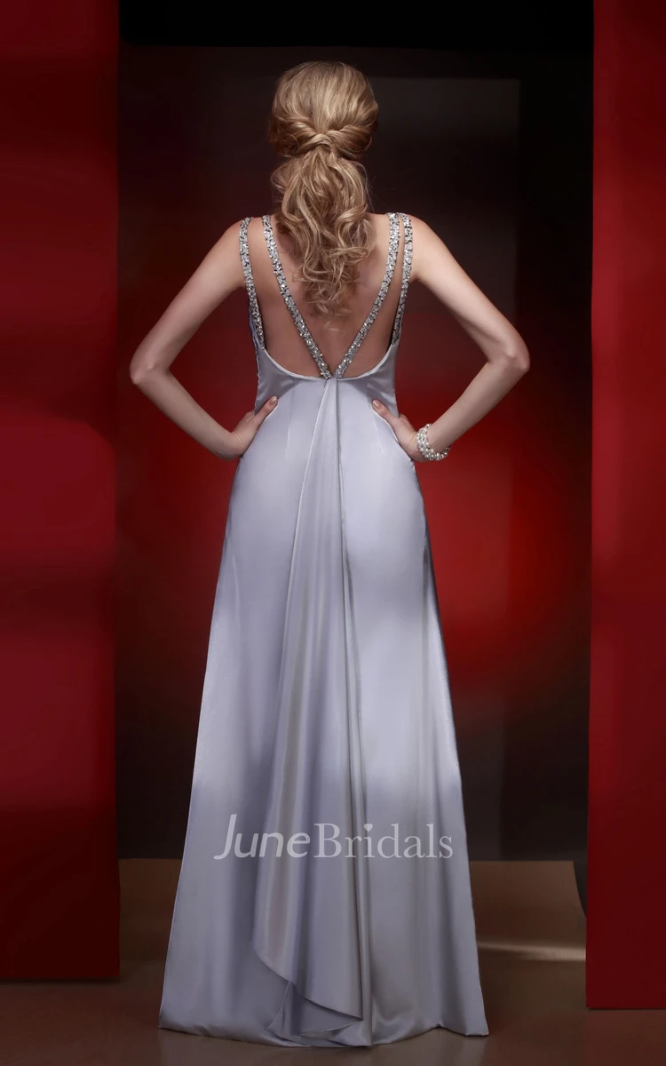 Plunged Central-Ruched Floor-Length Gown Beaded Straps