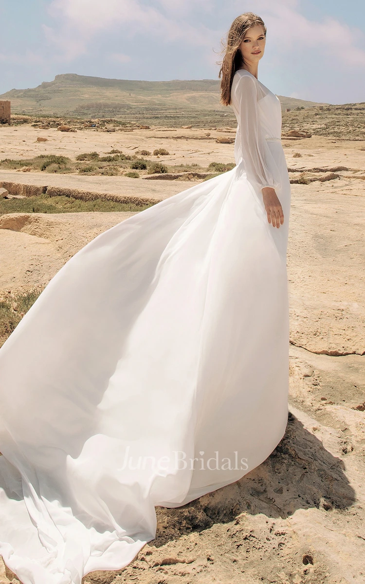 Elegant A Line Chiffon Long Sleeve Illusion Poet Wedding Dress with Ruching