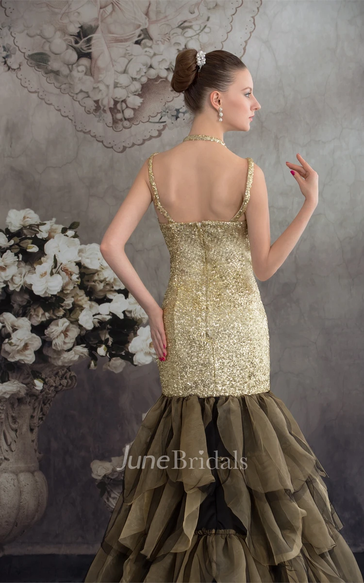 Plunged Tiered Trumpet Gown with Tiers and Sequined Bodice