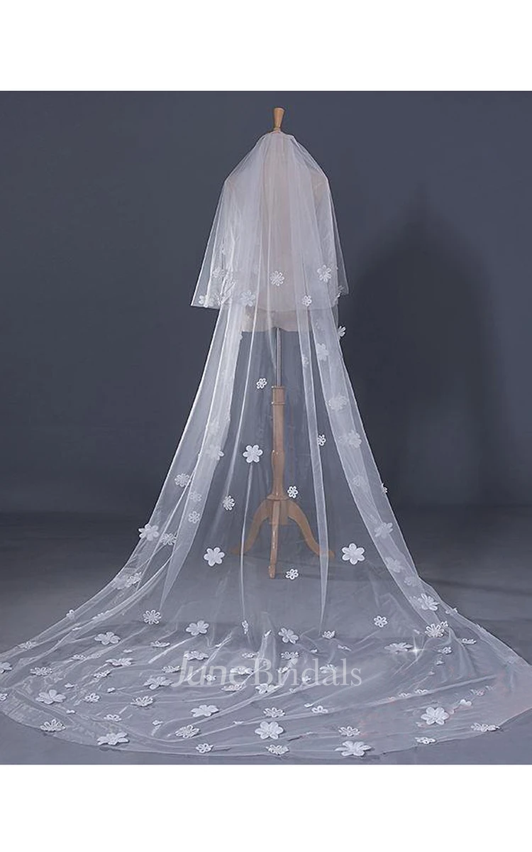 Latest Ethereal Style Cathedral Wedding Veil with Flower Appliques