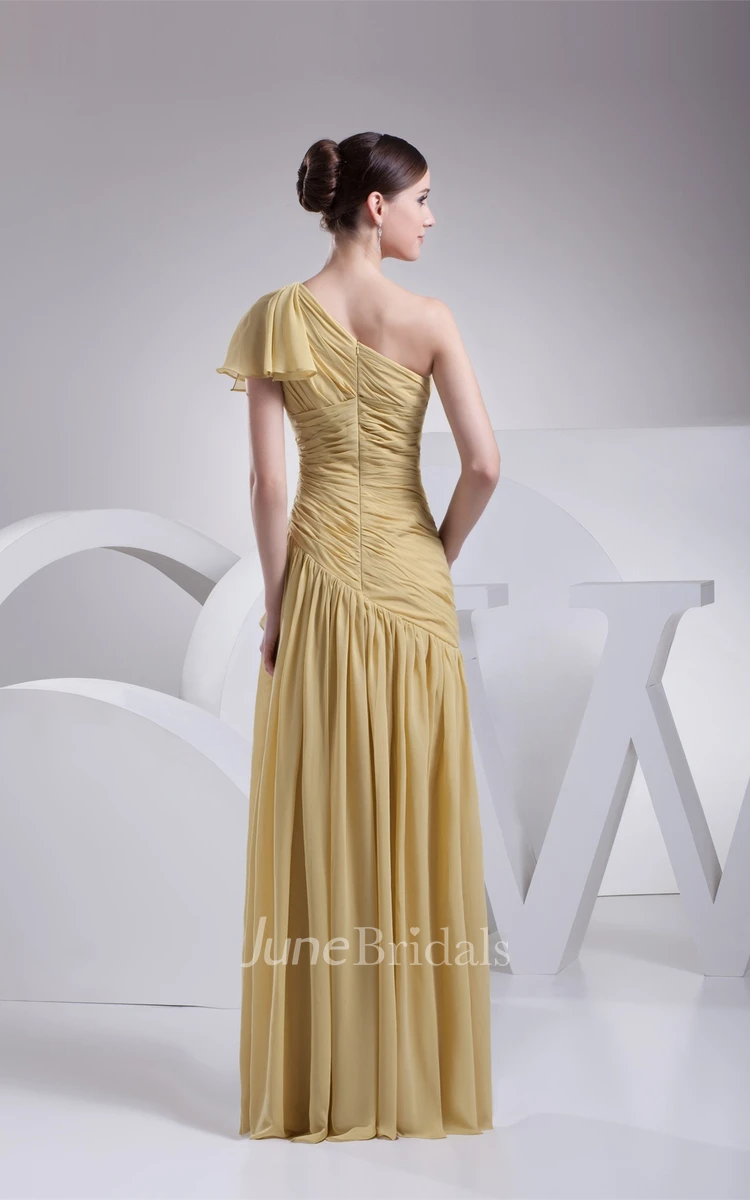 Ruched One-Shoulder Sleeveless A-Line Gown with Pleats and Ruffles