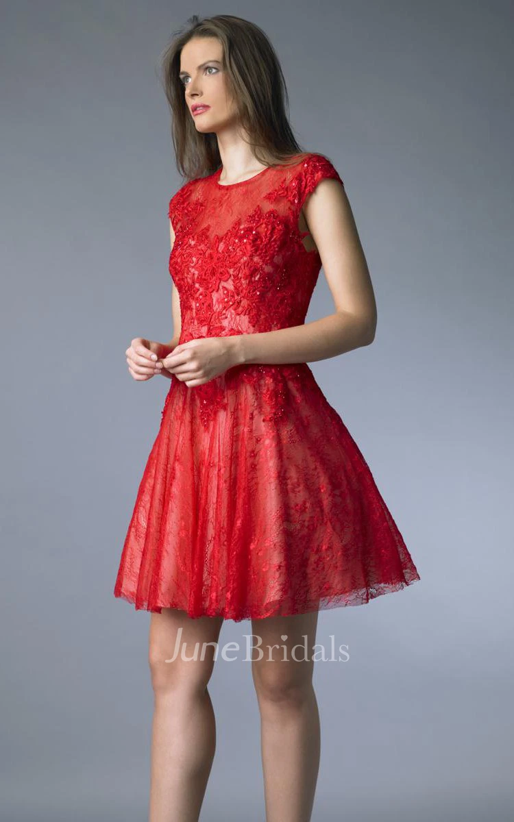 A Line Short Mini High Neck Short Sleeve Lace Illusion Dress