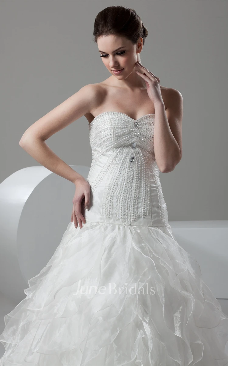 Strapless Beaded A-Line Gown with Ruffles and Chapel Train