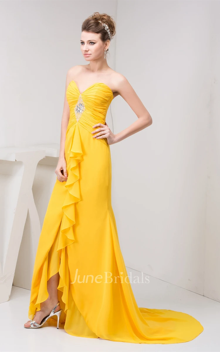 Sweetheart Criss-Cross High-Low Chiffon Dress with Broach and Draping