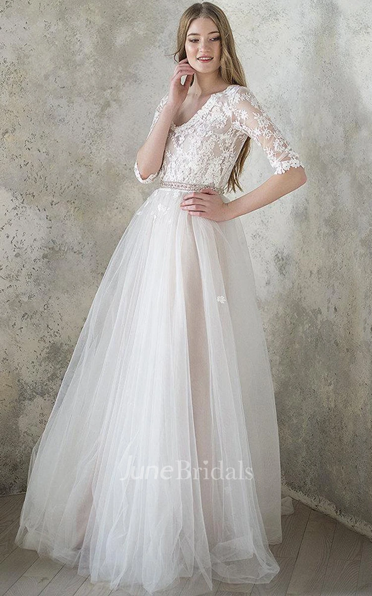 V-Neck 3-4 Length Sleeve Tulle Sequined Satin Beaded Lace Button Wedding Dress