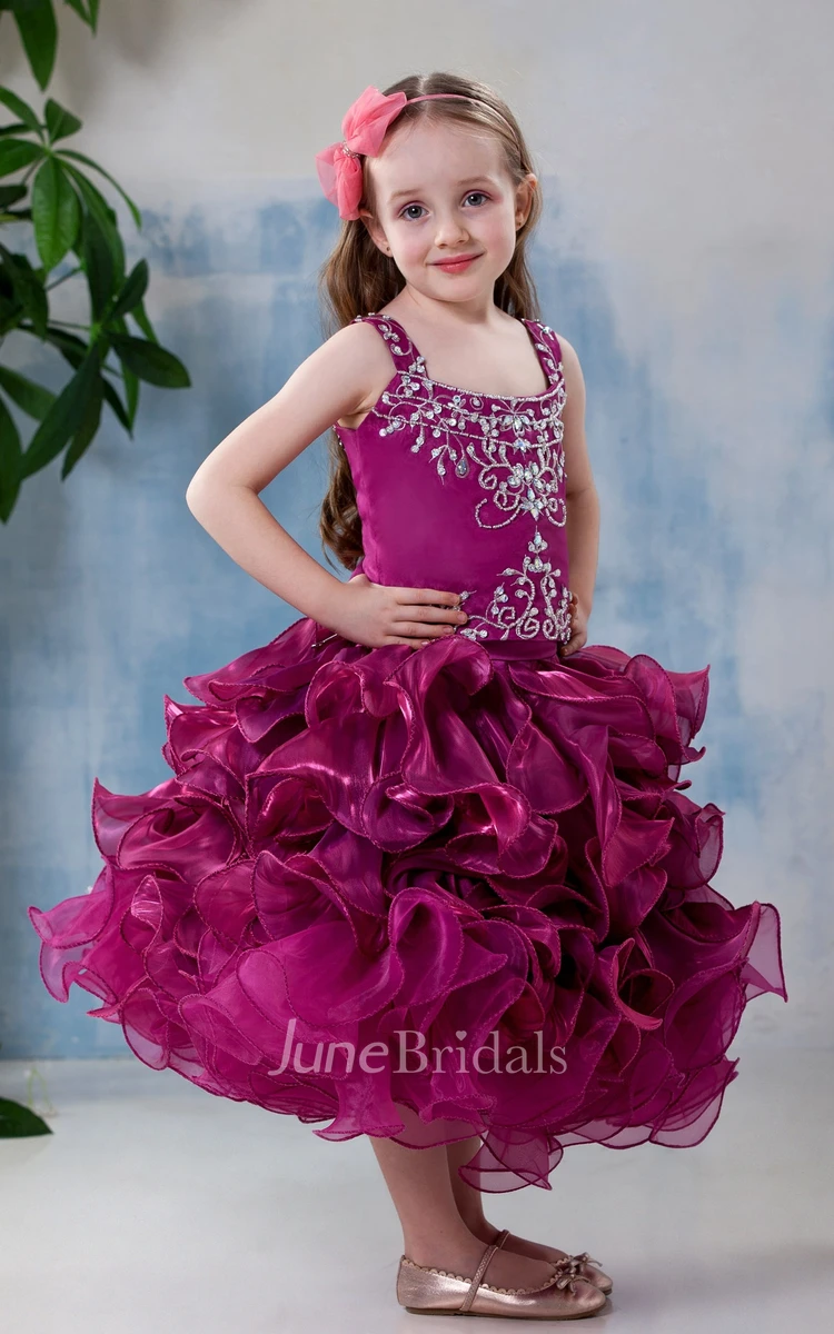 Strapped Tea-Length Ruffled Flower Girl Dress With Embroideries
