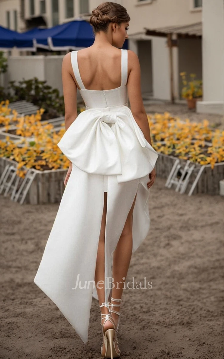 Chic Petite Solid Satin Sheath Straps Wedding Dress Adorable Short Square Neck Sleeveless Zipper Back Bridal Gown with Bow