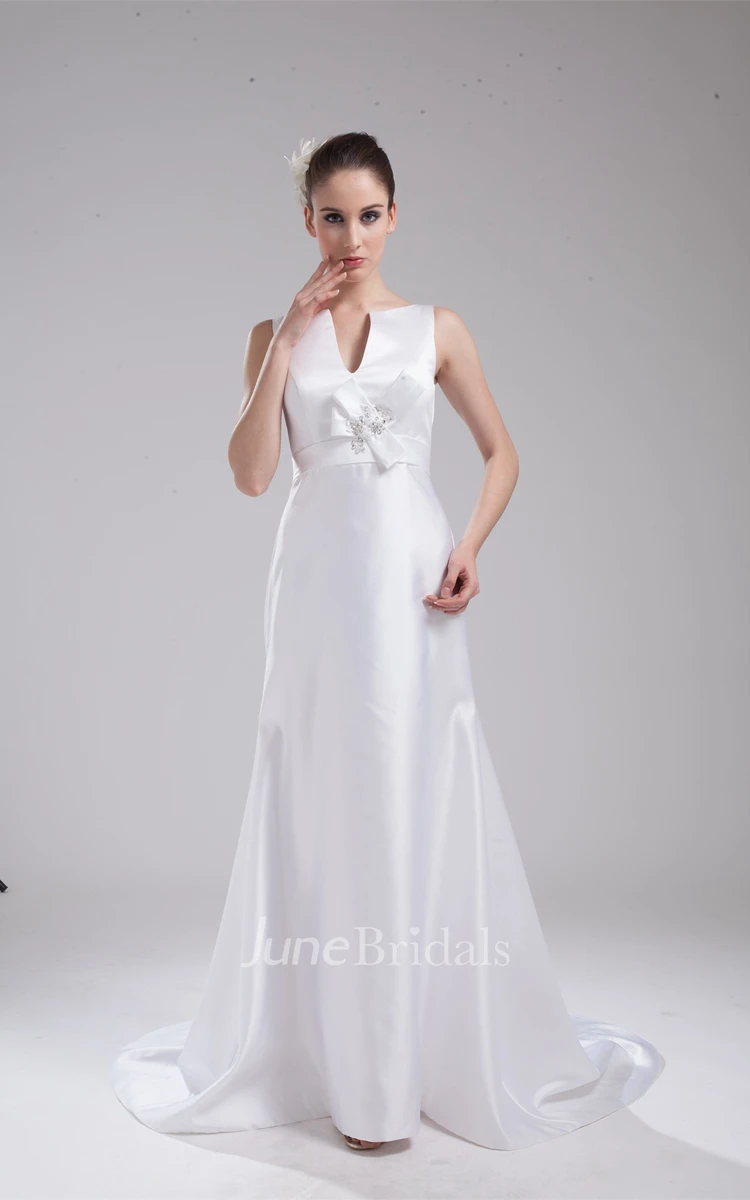 Notched Sleeveless Satin Maxi Dress with Beading and Bow