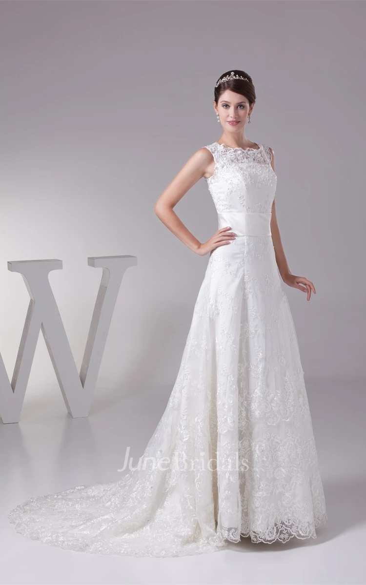 Bateau-Neck Sleeveless A-Line Gown with Appliques