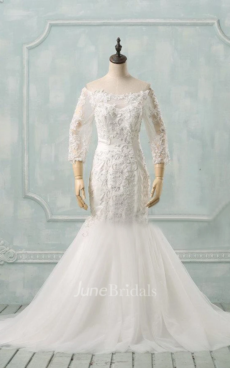 Off-The-Shoulder Mermaid Tulle Wedding Dress With Appliques And Illusion Sleeve