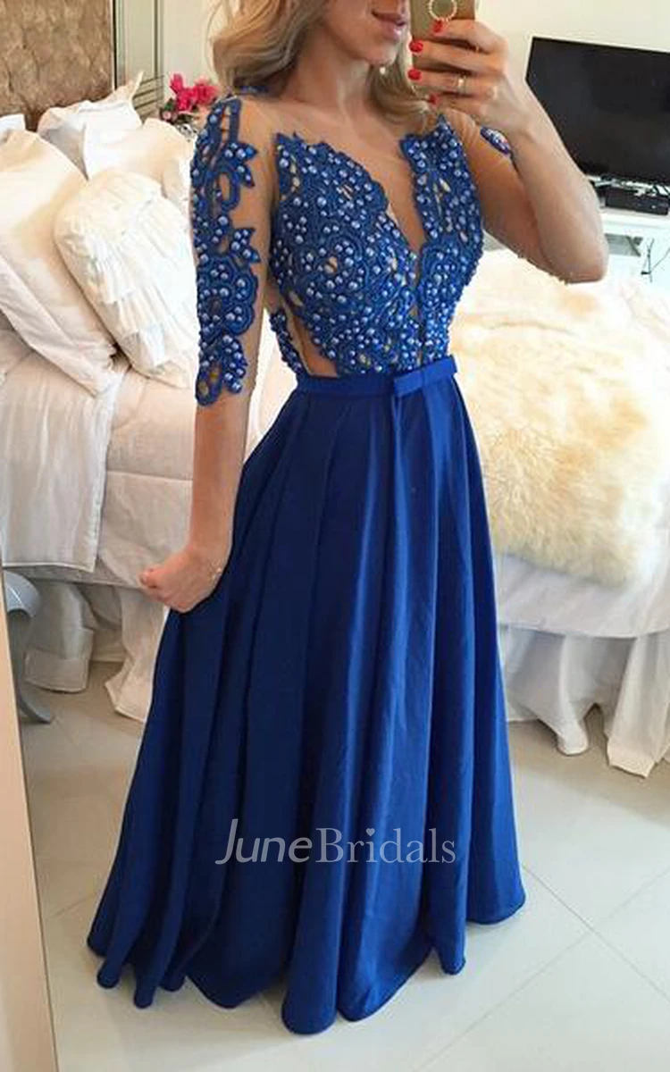Delicate Chffion Royal Blue Prom Dress Lace Appliques Half Sleeve
