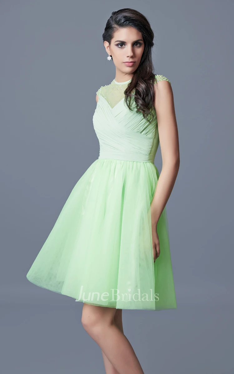 Cap Sleeve A-line Short Tulle Dress With Beading and Pleats