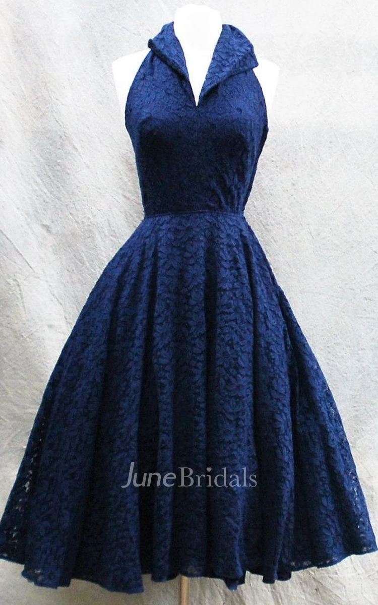Vintage Halter A-line Knee-length Lace Dress