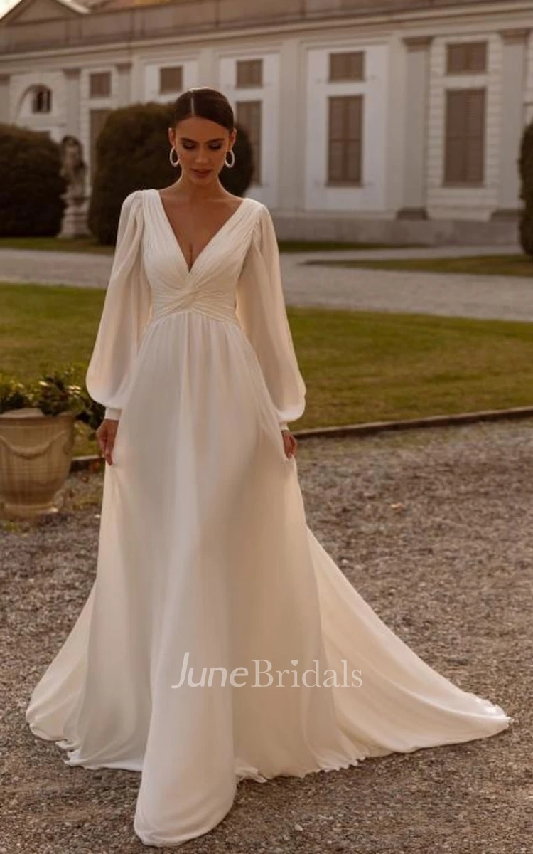 Simple Satin Marriage Gown V-neck A-Line with Sweep Train Long Sleeve Low-V  Back Peplum - June Bridals