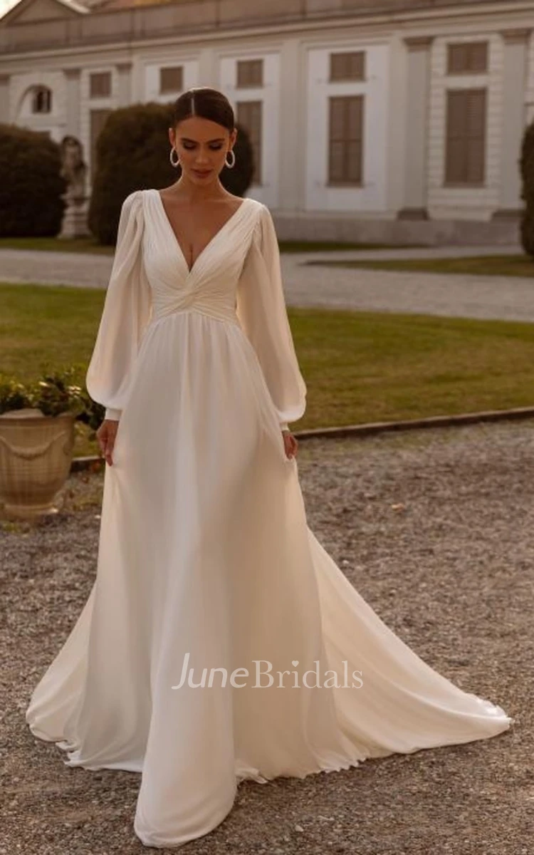 Simple Satin Marriage Gown V-neck A-Line with Sweep Train Long Sleeve Low-V Back Peplum
