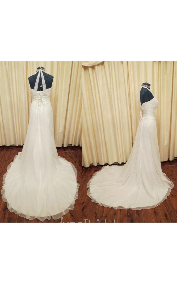 Halter Empire Sheath Chiffon Wedding Dress With Ruching And Lace-Up Back