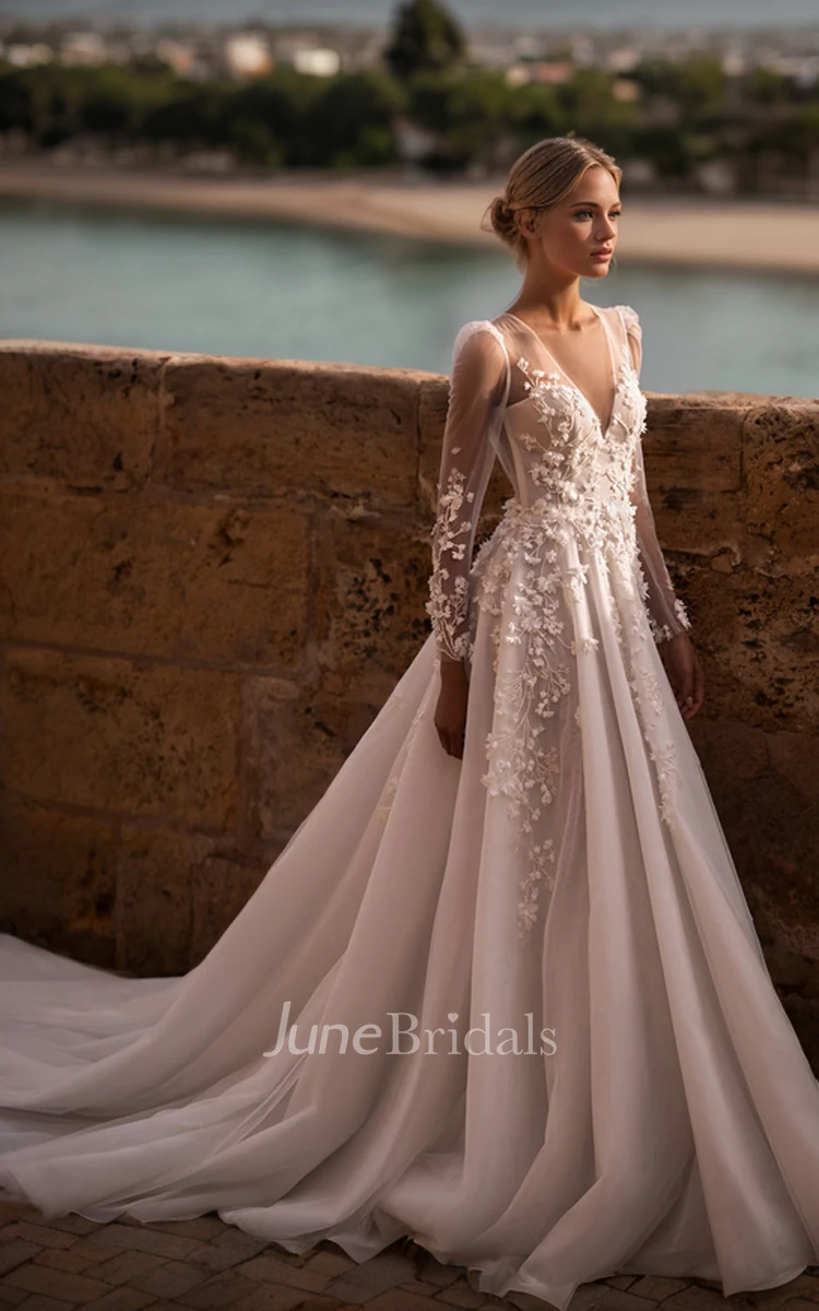 Elegant Sexy Plunging Neckline A-Line Lace Appliques Tulle Wedding Dress Romantic Long Sleeves Floor-length Beading Flowers Backless Bridal Gown with Train