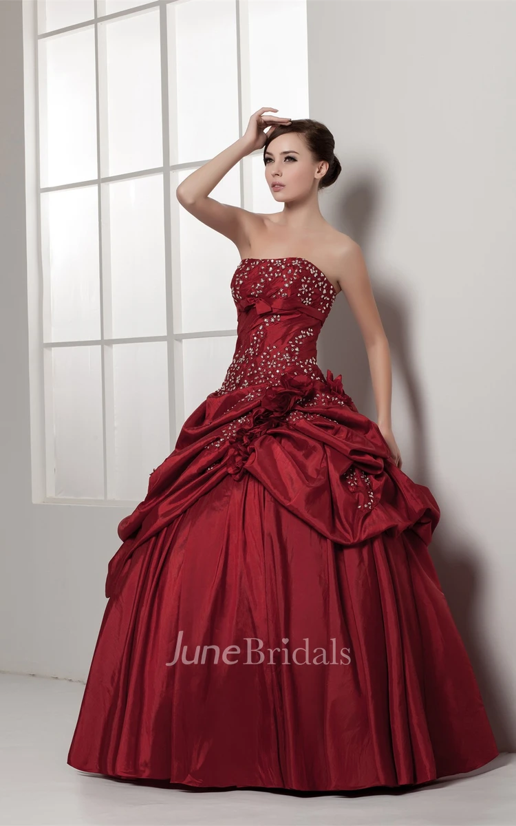 Strapless Pick-Up Ball Gown with Rhinestone and Flower