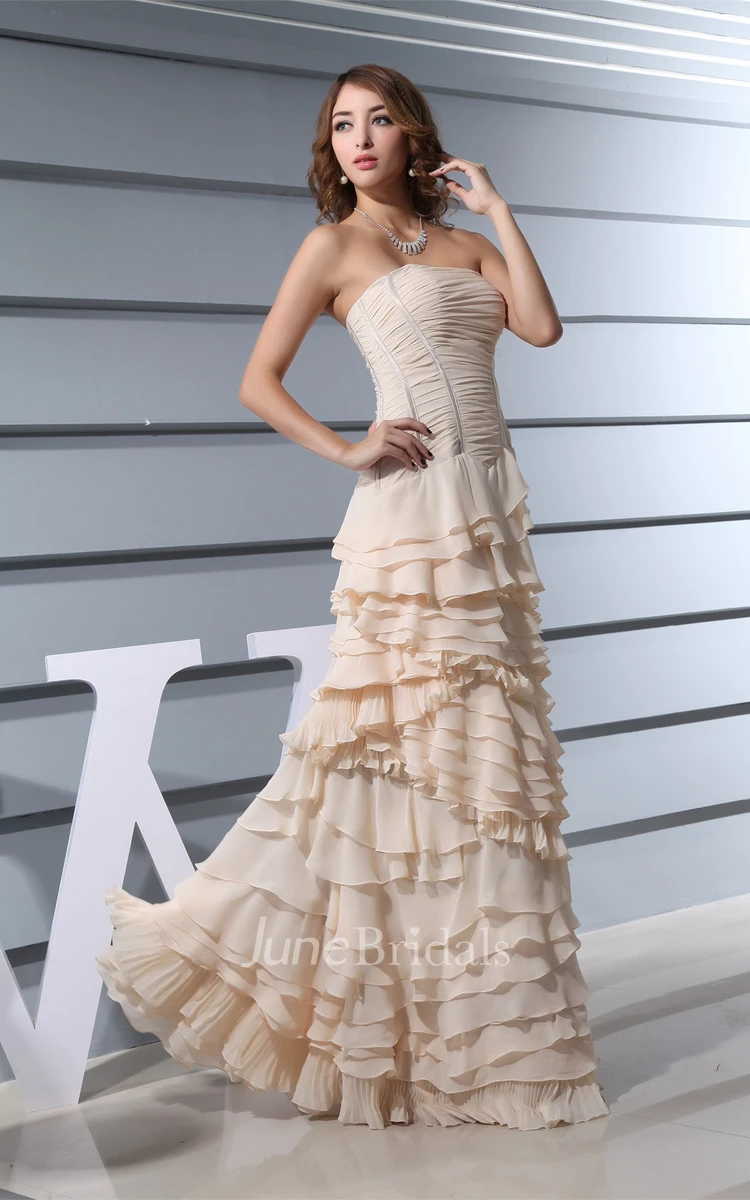 Strapless Ruched Chiffon A-Line Gown with Peplum and Tiers