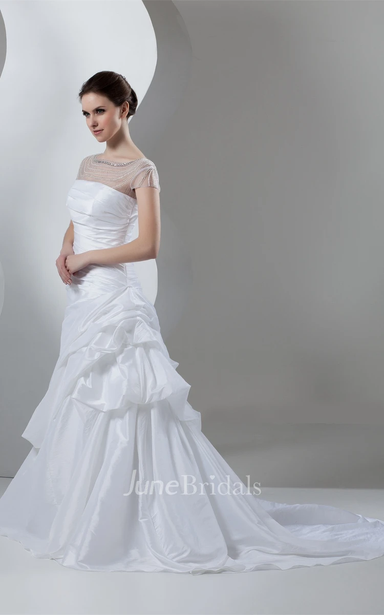 Caped-Sleeve Pick-Up A-Line Gown with Ruching and Illusion Neckline