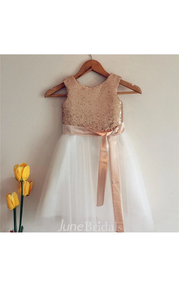 Gold Sequin Sleeveless Ivory Tulle Flower Girl Dress With Sash Bow